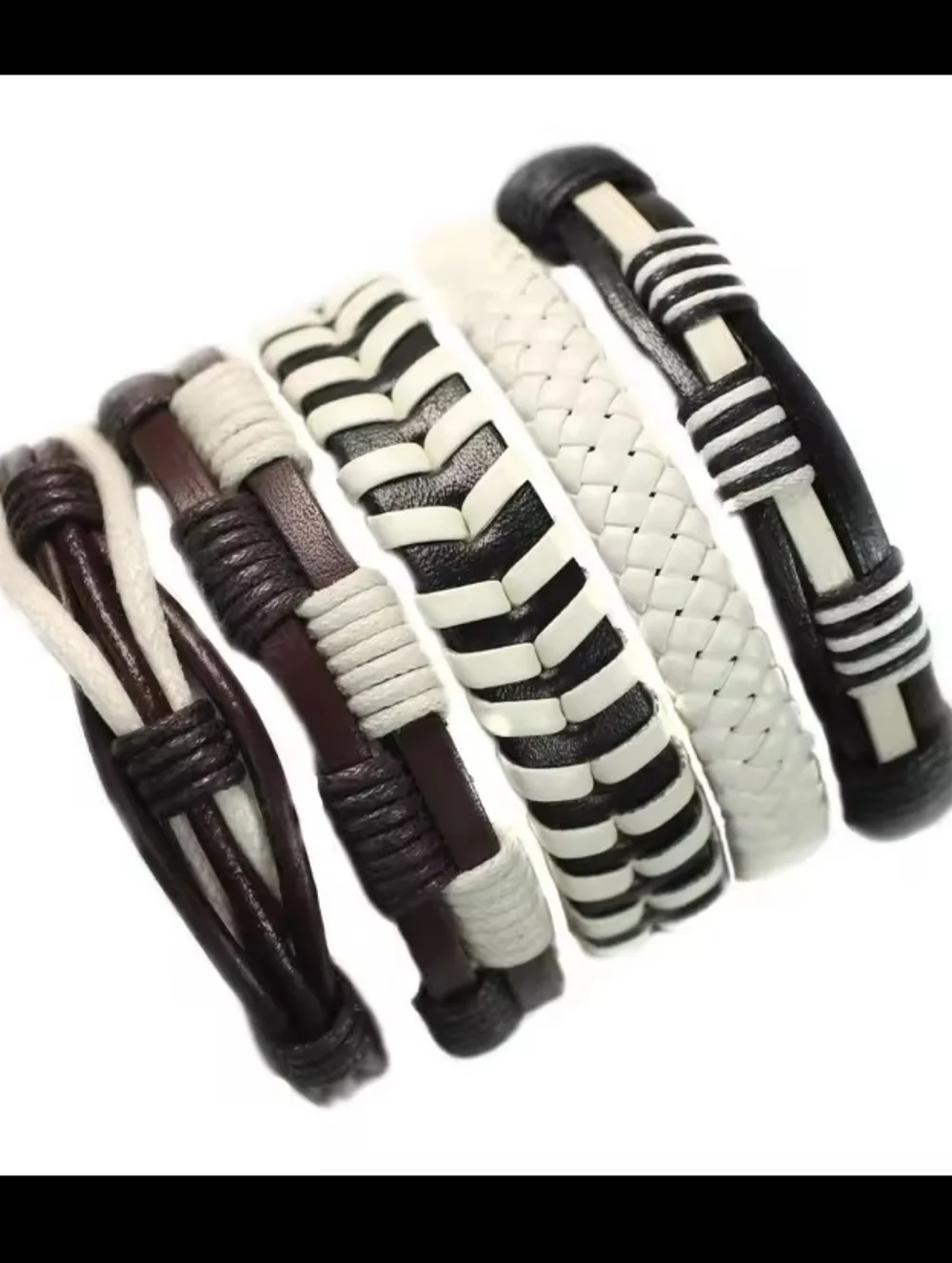 Men's Leather Bracelets Set 5pc Layered Braided Black White Jewelry G7‎